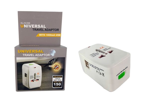 All in one Universal Worldwide Travel Adapter with 1000 mA Built in Dual USB Charger Ports (White)